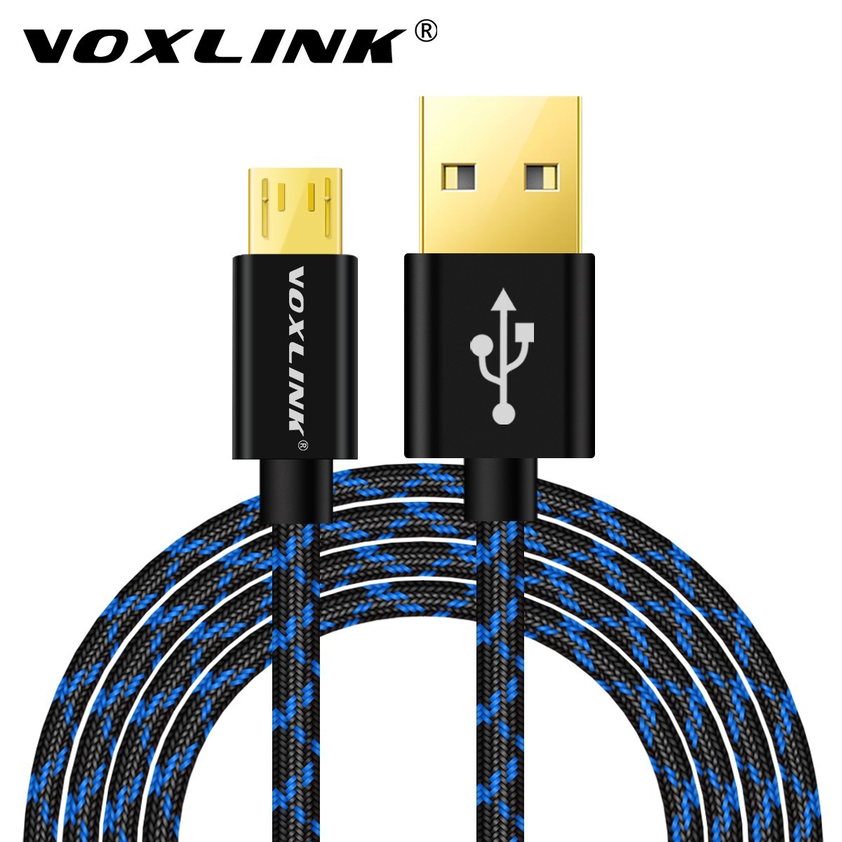 VOXLINK NEW 2.4A V word 1M Micro USB Cable Nylon USB Charger Data Cable For Samsung S6 S5 S4 Huawei Xiaomi LG Mobile Phone-blue+black black