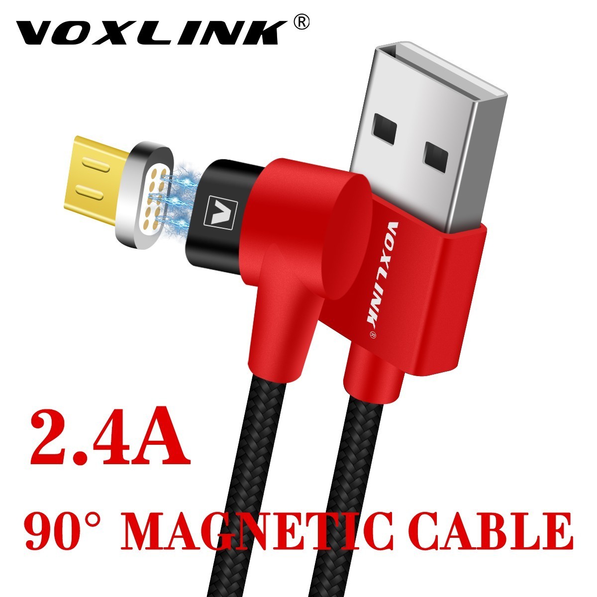VOXLINK 90 Degree Magnetic Cable mirco usb Right Angle 2.4A Fast Charging Nylon USB Charger Cable for Huawei xiaomi Samsung LG-red red
