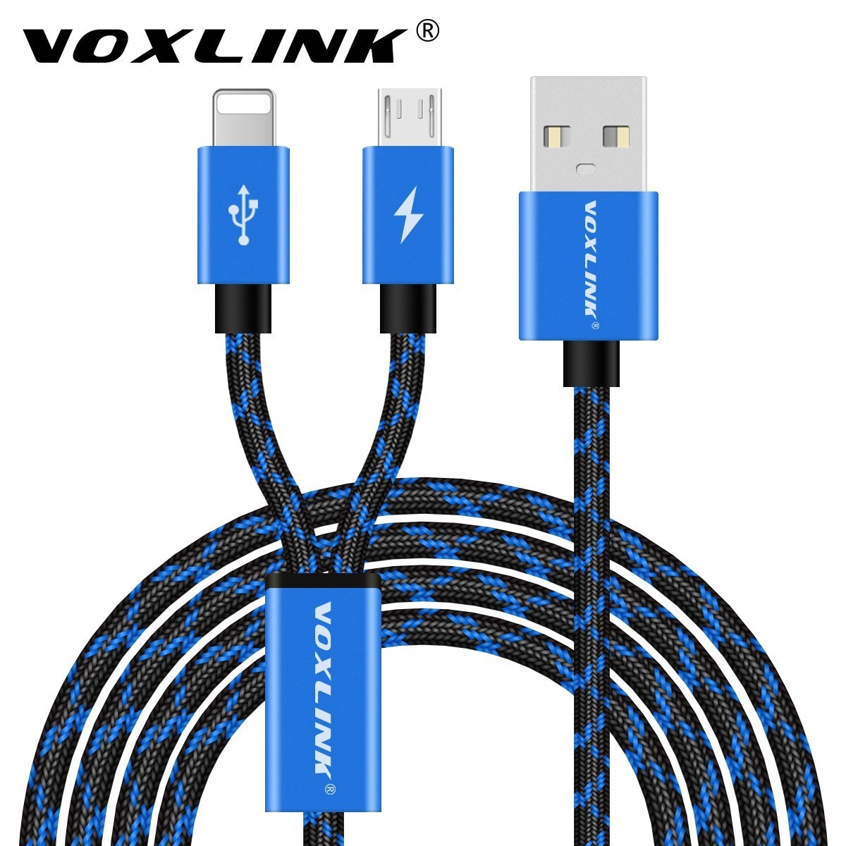Voxlink 3 in 1 Multi Connector Cable Micro USB Type-C iOS Universal Interface Android iOS Compatible Durable Nylon Braided Charge Data Transfer Wire blue Micro+8pin