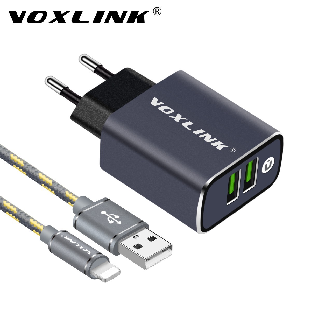 VOXLINK USB Charger,2 in 1 Dual Port 3.1A Universal USB Travel Charger + 3ft/1m USB Cable for iPhone 6/6s iPad Gray black