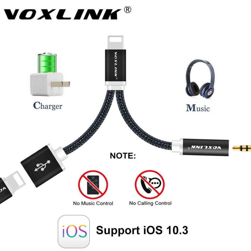 VOXLINK 12cm Earphone Audio Cable For iPhone 7 7 Plus 2 in1 8 Pin to 3.5mm Headphone Jack Adapter Charger Cable blue