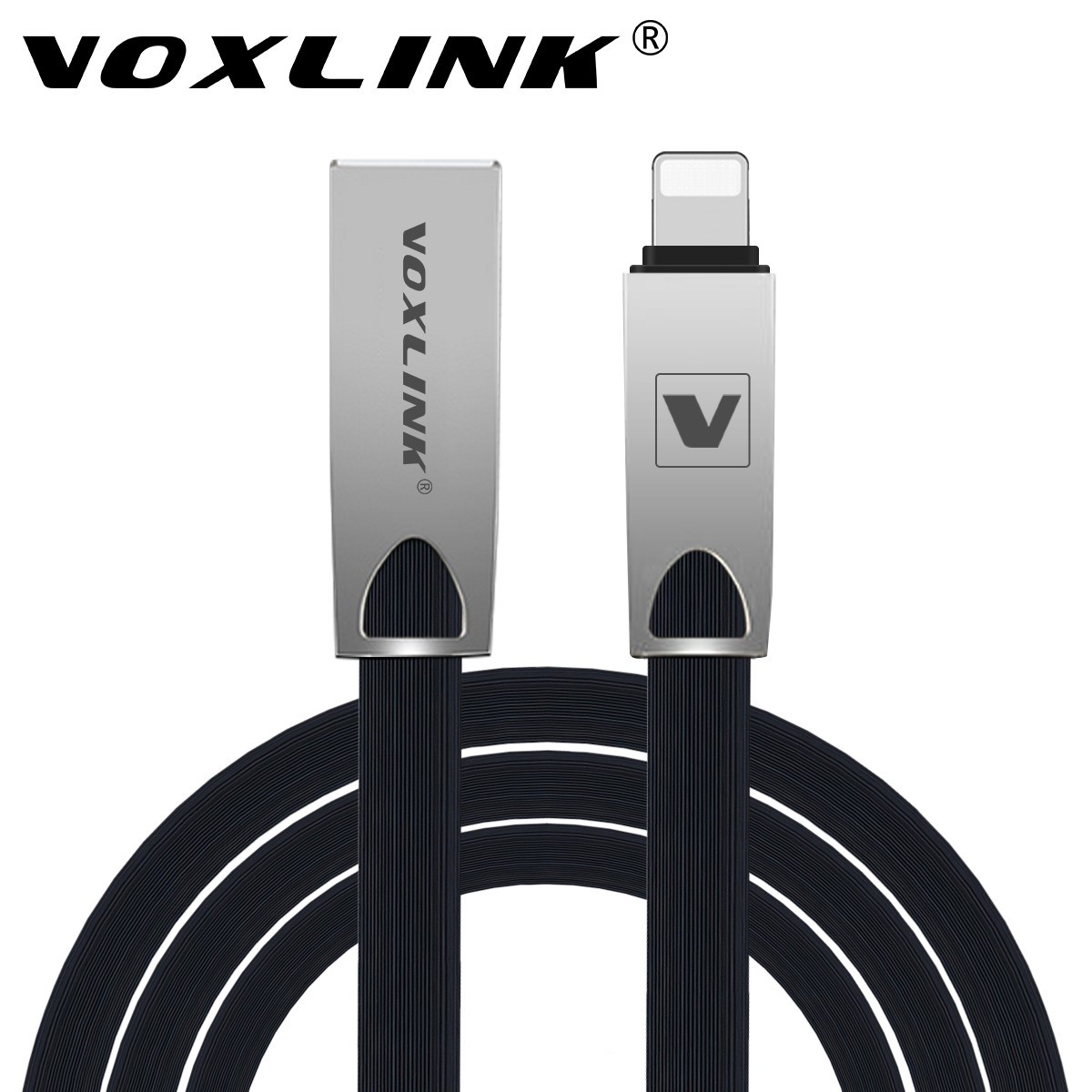 VOXLINK For iPhone iOS 10 9, Zinc Alloy Plug Flat PVC Wire Sync Data Charging USB Cable for iPhone 7 6 6s Plus 5 5s iPad Air black 1m