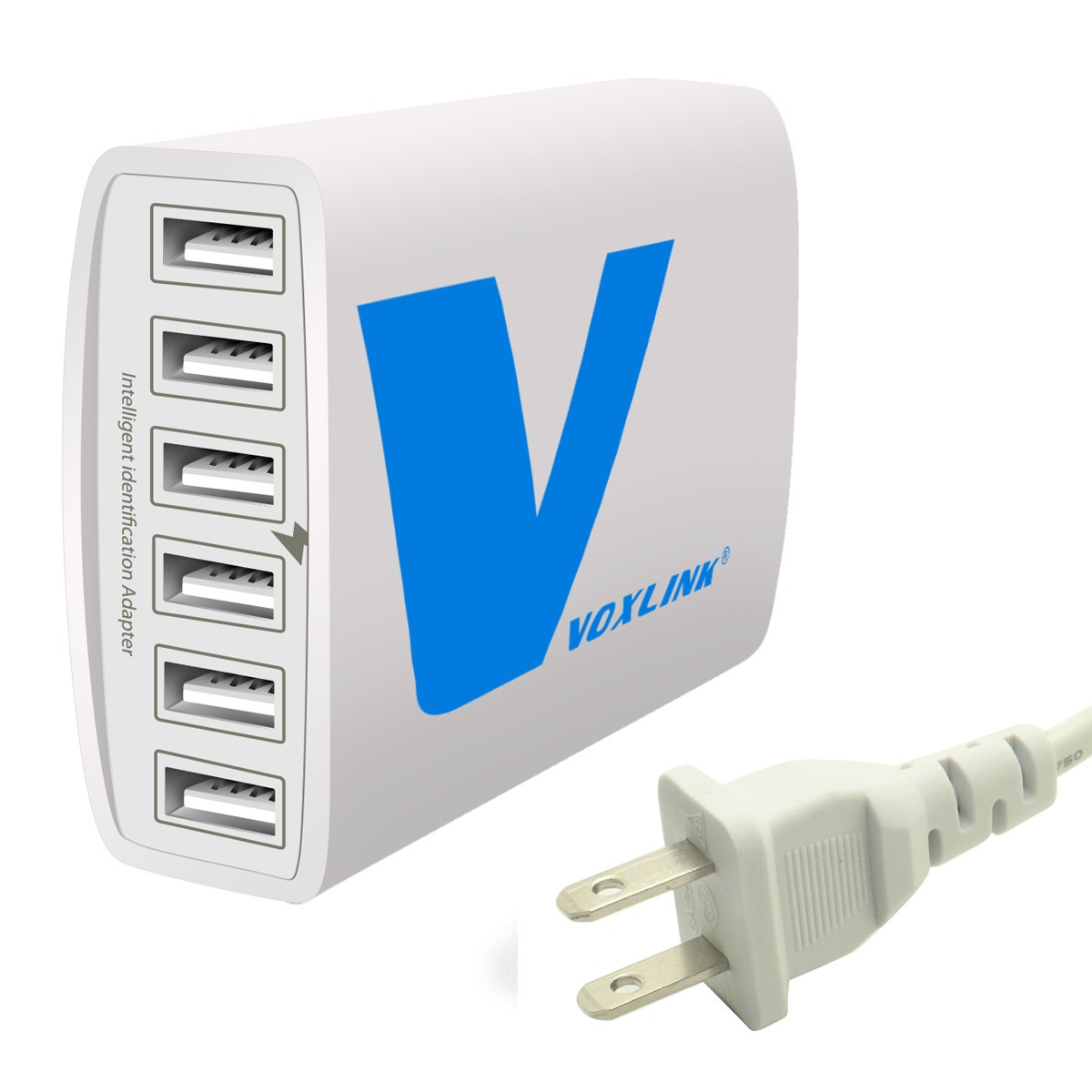 VOXLINK 60W 6 Port USB Charger Travel Adapter 5V/12A Intelligent Detect Charging white 60W 6 Port US