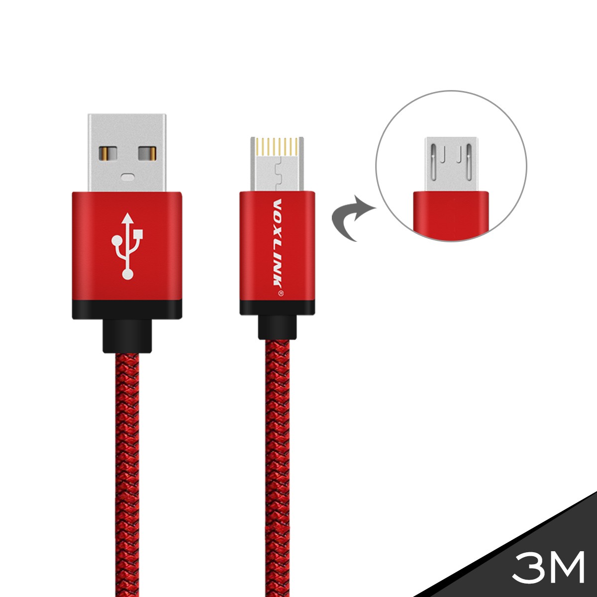 VOXLINK 2 in 1 Charging Cable Metal Nylon Line Micro 8Pin USB Data Cable for iPhone 6 5s 6s Plus for Samsung S7 S6 edge Huawei Xiaomi Meizu Android  red 0.5m
